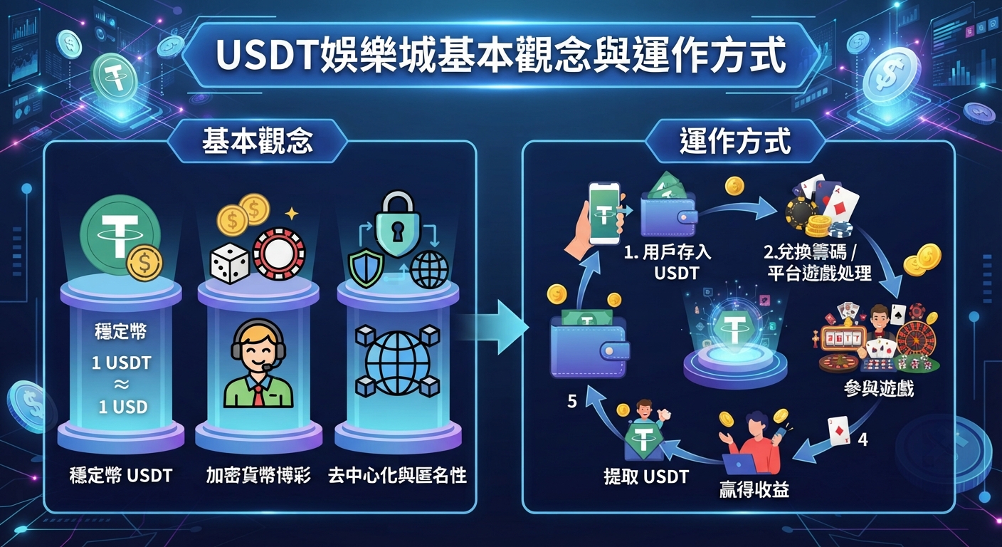 這張圖片展示了USDT娛樂城的基礎觀念與運作方式,左側說明了穩定幣概念與加密貨幣博彩,右側則圖解了用戶存入、兌換籌碼、參與遊戲、贏得收益及提取USDT的完整流程。