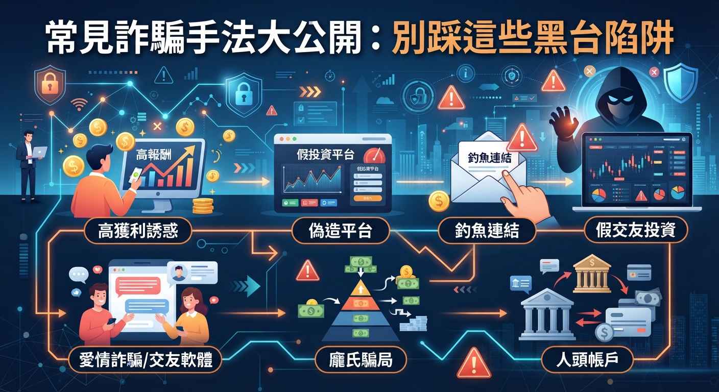 圖片展示了常見的詐騙手法與黑台陷阱,透過圖解各種網路詐騙情境與警示標誌來提醒民眾防範。 畫面整體呈現科技與安全主題,並在上方醒目處標示了主題名稱。